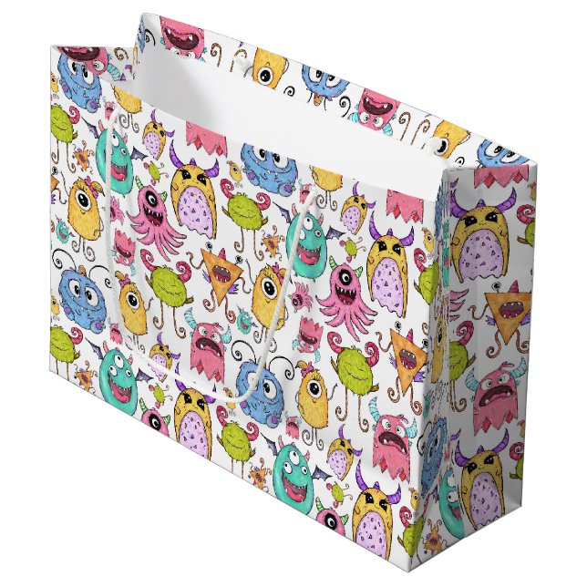 Grand Sac Cadeau Petits Monstres Heureux  (Devant Angle)