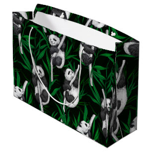 Grand Sac Cadeau Petits panda sur vert foncé