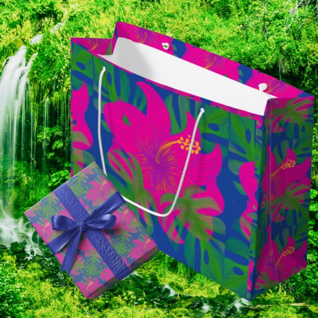 Grand Sac Cadeau Philodendron Hibiscus Tropical  (Romantic vibrant tropical hibiscus artwork!)