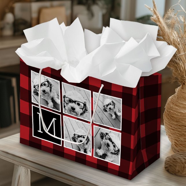 Grand Sac Cadeau Photo Collage - Monogramme Rouge Buffle Noir Plaid (Custom Gift Bag)