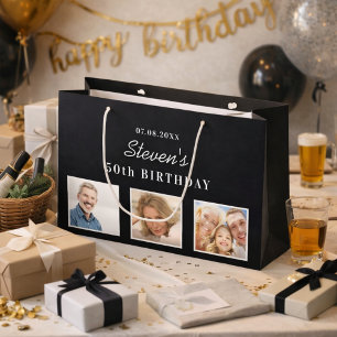 Grand Sac Cadeau Photo d'anniversaire noir blanc nom gars