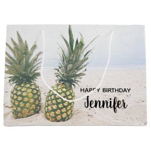 Grand Sac Cadeau Photo de 2 ananas sur une plage Anniversaire