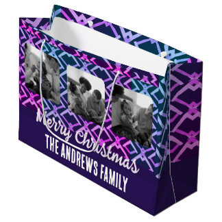 Grand Sac Cadeau Photo de famille de Noël Géométrique Fuchsia Purpl