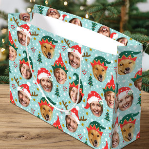 Grand Sac Cadeau Photo de Noël Collage Festive Funny Face Bleu