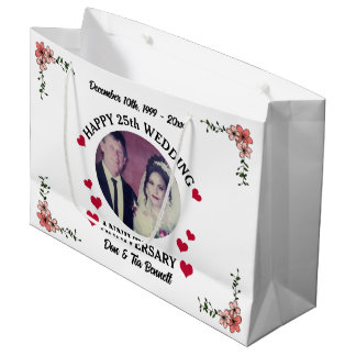 Grand Sac Cadeau Photo personnalisée Blanc Floral 25e anniversaire 