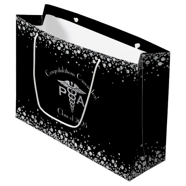 Grand Sac Cadeau Physician Assistant PA Graduation Black Silver (Devant Angle)