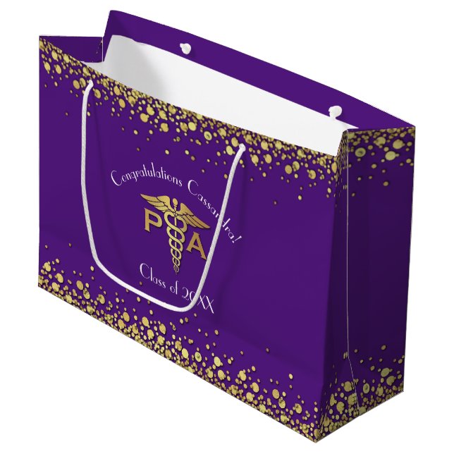Grand Sac Cadeau Physician Assistant PA Graduation Purple Gold (Devant Angle)