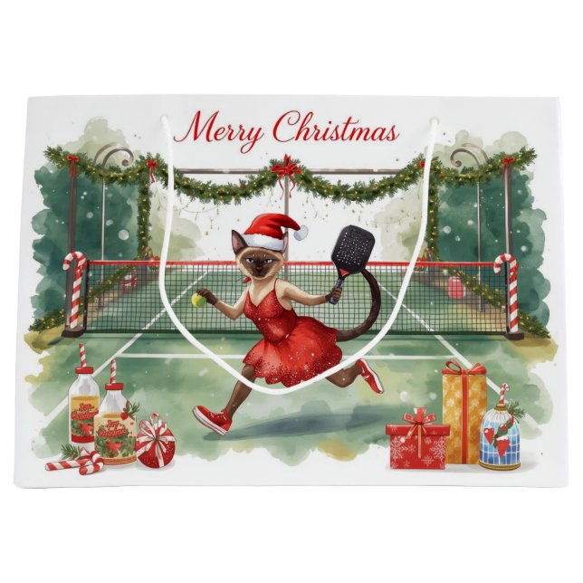 Grand Sac Cadeau Pickleball thème de Noël avec chat  (Devant)