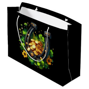 Grand Sac Cadeau Pièces en or Lucky Horseshoe et Clover