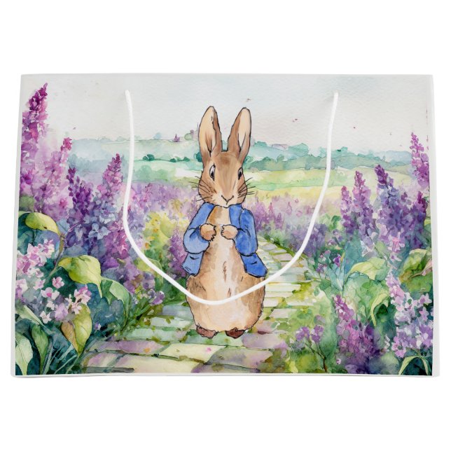 Grand Sac Cadeau Pierre le lapin avec lilas aquarelle (Devant)