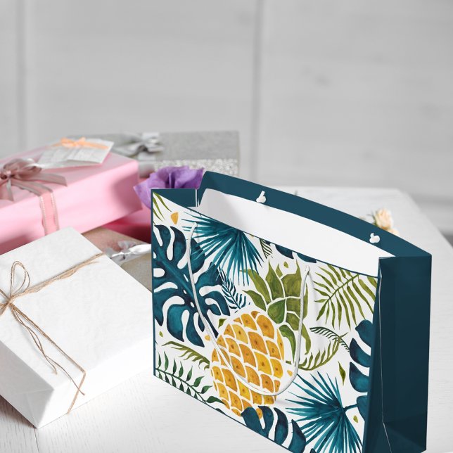 Grand Sac Cadeau Pinceau d'ananas en or feuillage vert bleu tropica (Créateur téléchargé)