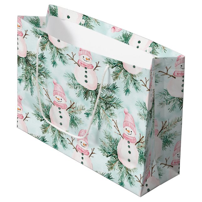 Grand Sac Cadeau Pine Tree Pink White Snowman Girl Christmas (Devant Angle)