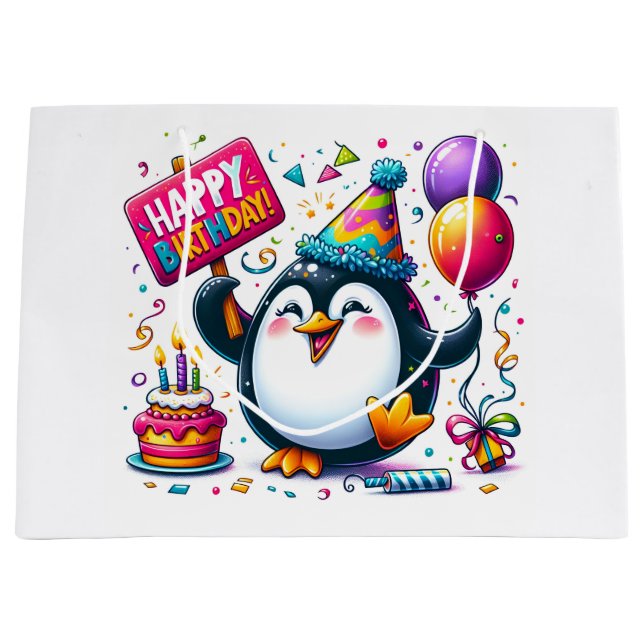 Grand Sac Cadeau Pingouin avec le signe "Joyeux anniversaire" de Na (Devant)