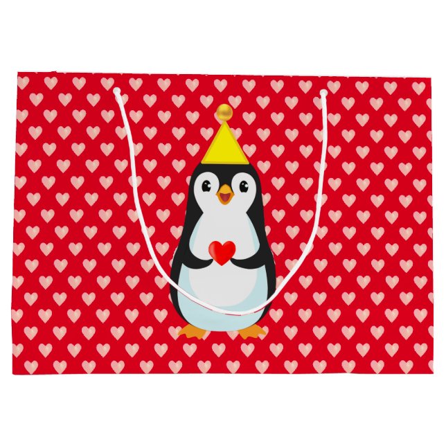Grand Sac Cadeau Pingouin mignon avec coeur sur rouge (Dos)
