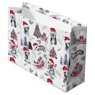 Grand Sac Cadeau Pingouins dans Santa Hats Scène d'hiver Motif gra