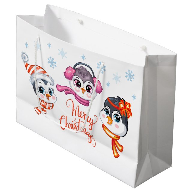 Grand Sac Cadeau Pingouins de Noël (Devant Angle)