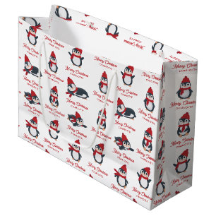 Grand Sac Cadeau Pingouins d'hiver Joyeux Noël Nom personnalisé
