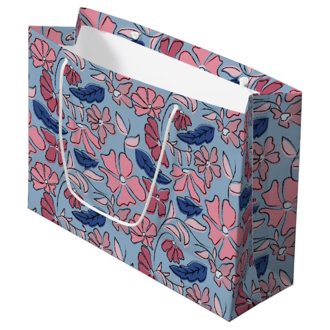 Grand Sac Cadeau Pink and Blue Hand Drake Floral Block Print (Devant Angle)