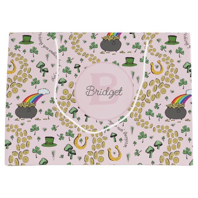 Grand Sac Cadeau Pink Cute n'Curvy Shamrocks Nom du bébé St patrick (Devant)