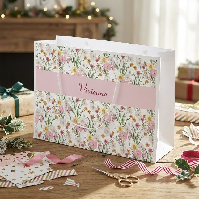Grand Sac Cadeau Pink Green Wildflower Watercolor Monogram Name (Pink Green Wildflower Watercolor Monogram Name Large Gift Bag)