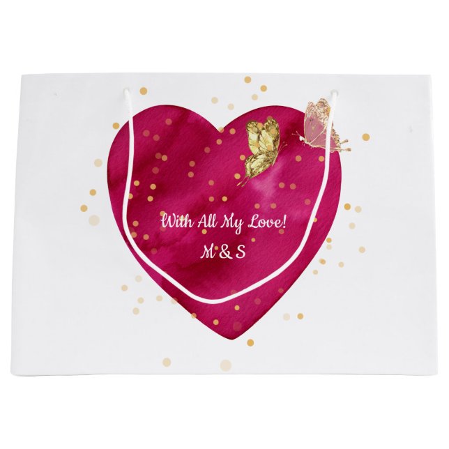Grand Sac Cadeau Pink Heart & Gold Butterfly Valentine Wrapping (Devant)