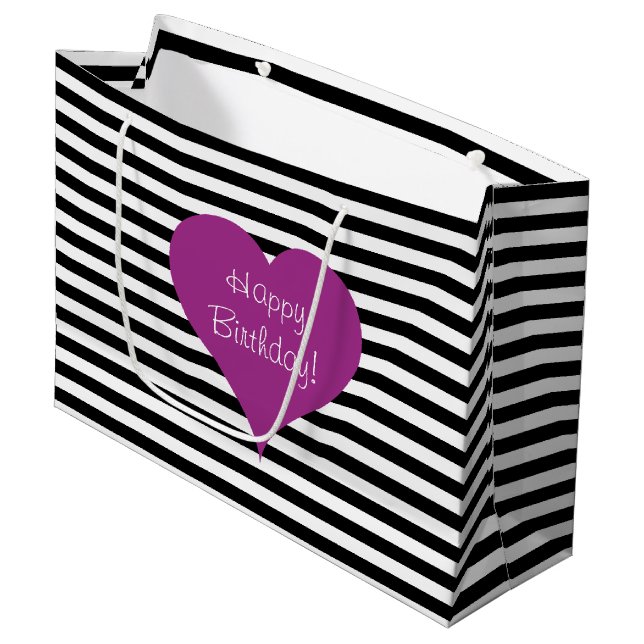 Grand Sac Cadeau Pink Love Heart Black & White Striped Motif (Devant Angle)