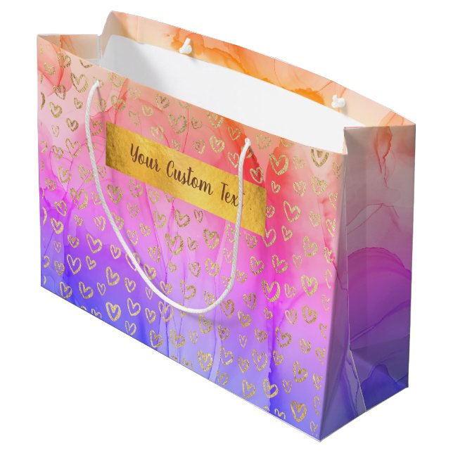 Grand Sac Cadeau Pink Purple Abstrait Gold Hearts Texte personnalis (Dos Angle)