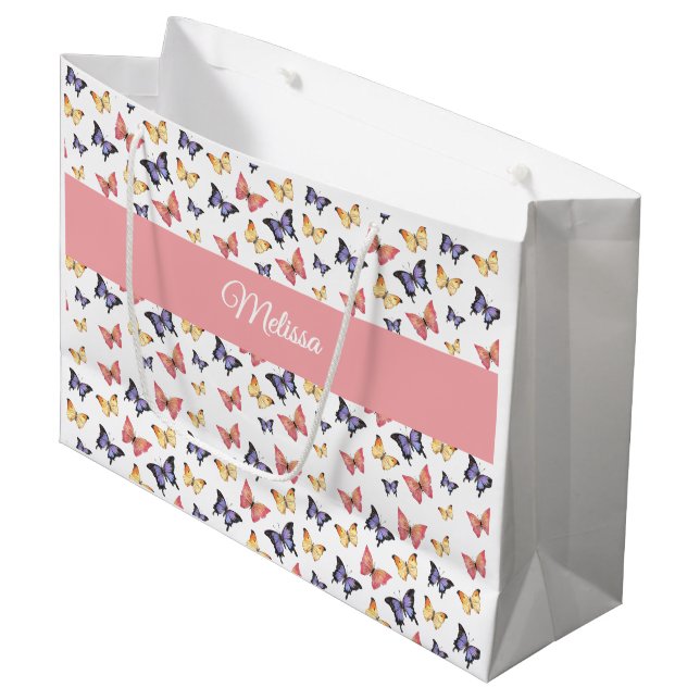 Grand Sac Cadeau Pink Purple Butterflies Custom Name (Devant Angle)