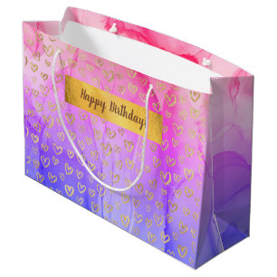 Grand Sac Cadeau Pink Purple Gold Hearts Personnalisé Joyeux annive
