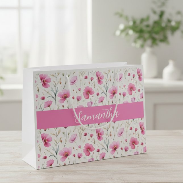 Grand Sac Cadeau Pink Watercolor Wildflower Name  (Créateur téléchargé)
