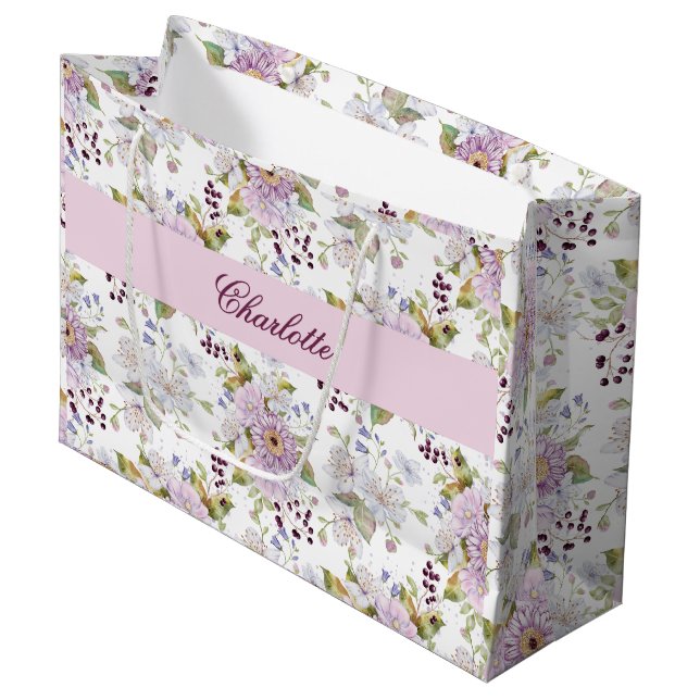 Grand Sac Cadeau Pink White Purple Watercolor Wildflower (Devant Angle)