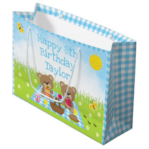 Grand Sac Cadeau Pique-nique nounours Bleu En vichy Joyeux annivers