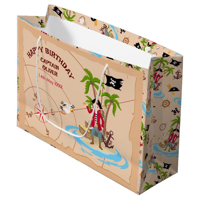 Grand Sac Cadeau Pirate Boy Treasure Map Amusants Anniversaire Fête (Devant Angle)