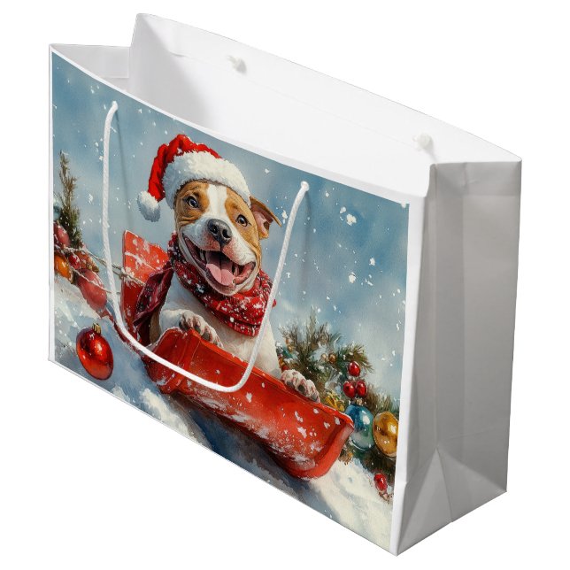 Grand Sac Cadeau Pitbull Chien dans la boue Laisser il neige Noël (Devant Angle)