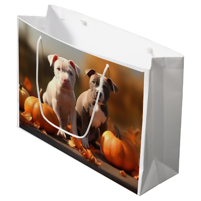 Grand Sac Cadeau Pitbull Chiot Automne Citrouille de plaisir (Devant Angle)