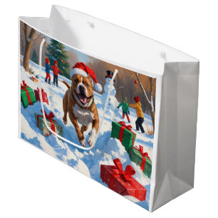 Grand Sac Cadeau Pitbull en train de courir dans la neige avec un c