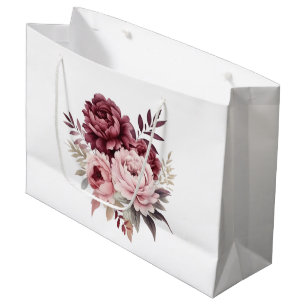 Grand Sac Cadeau Pivoine Élégante Rose Bourgogne Aquarelle Florale