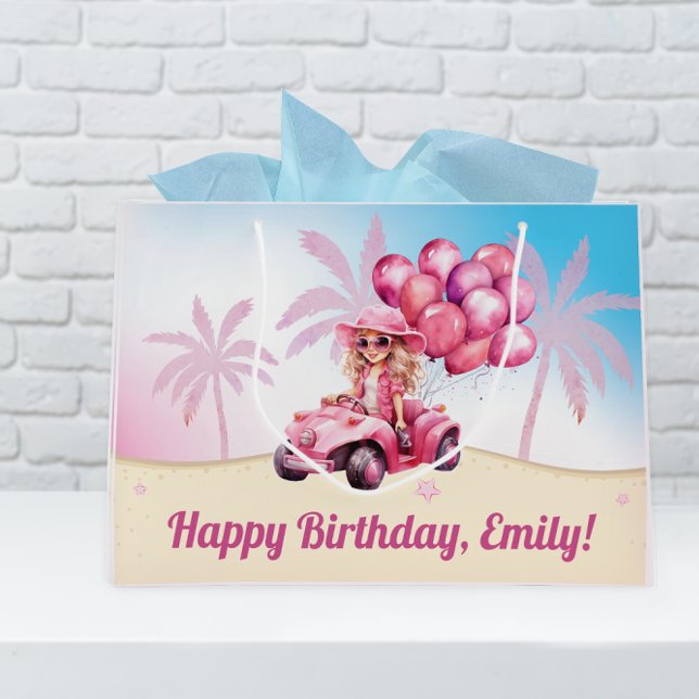 Grand Sac Cadeau Plage convertible rose personnalisée Anniversaire (A personalized gift bag adds a special touch to any girl's birthday celebration.)
