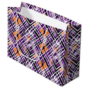 Grand Sac Cadeau Plaid Halloween Géométrique - Violet, Orange, Blan