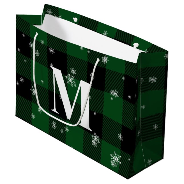 Grand Sac Cadeau Plaid Vert & Flocons Monogramme Initial Hiver (Devant Angle)