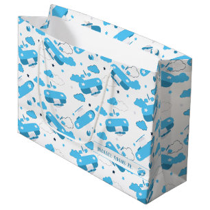 Grand Sac Cadeau Planes et nuages Bleus et Blancs mignons Monogramm