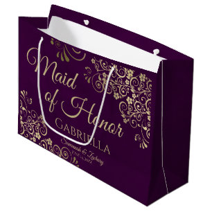 Grand Sac Cadeau Plum Purple & Or Lace Maid of Honor Mariage