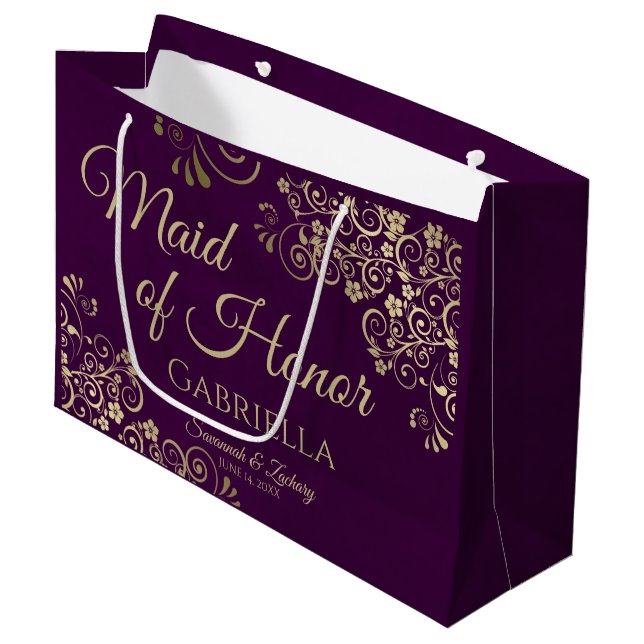 Grand Sac Cadeau Plum Purple & Or Lace Maid of Honor Mariage (Devant Angle)