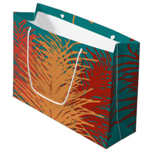 Grand Sac Cadeau Plumes rouges turquoises jaunes orange