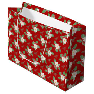 Grand Sac Cadeau Poinsettia de Noël et baie de houx rouge
