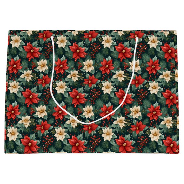 Grand Sac Cadeau Poinsettias rouge et crème avec baies (Devant)