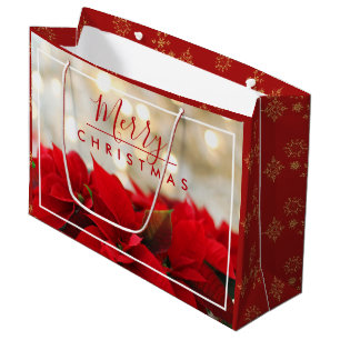 Grand Sac Cadeau Poinsettias rouges avec Golden Bokeh Noël