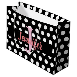 Grand Sac Cadeau Pointe Polka Noir et Blanc Moyen Nom personnalisé