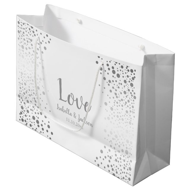 Grand Sac Cadeau Points Confetti blanc et argent (Devant Angle)