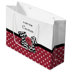 Grand Sac Cadeau Points rouges et blancs Mignon Rose Chevron Nœud